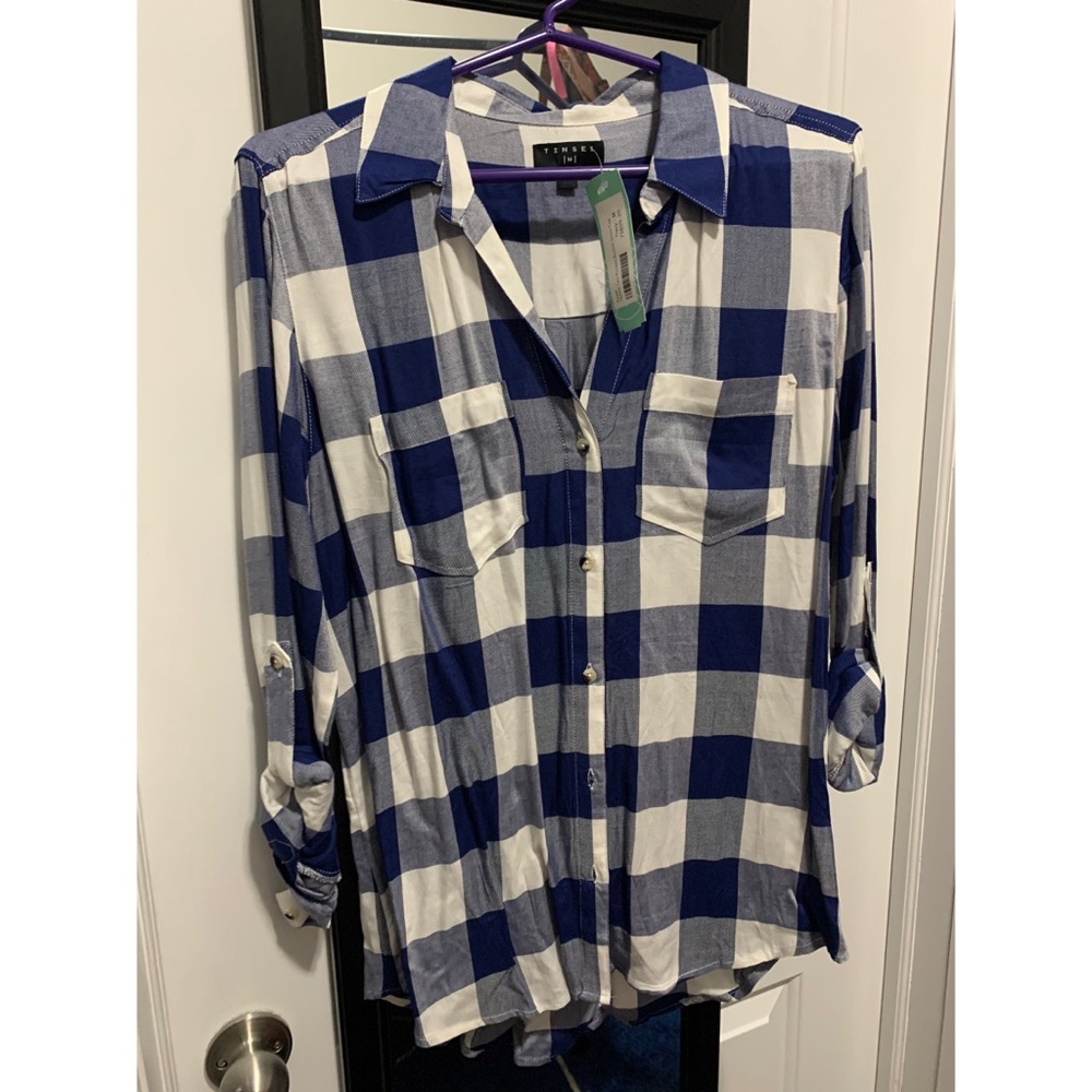 Stitch fix checkered shirt; tinsel